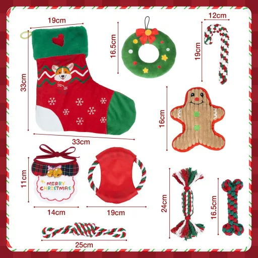 FuzzFables 9-dielna vianočná súprava hračiek pre psov – Odolné žuvacie lano, interaktívna pískacia hračka pre šteňatá, bezpečná hračka na žuvanie proti nude