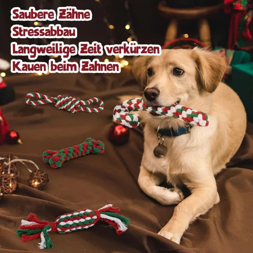 FuzzFables 9-dielna vianočná súprava hračiek pre psov – Odolné žuvacie lano, interaktívna pískacia hračka pre šteňatá, bezpečná hračka na žuvanie proti nude