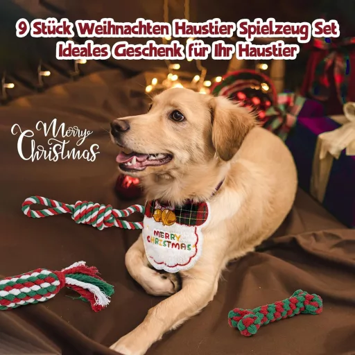 FuzzFables 9-dielna vianočná súprava hračiek pre psov – Odolné žuvacie lano, interaktívna pískacia hračka pre šteňatá, bezpečná hračka na žuvanie proti nude