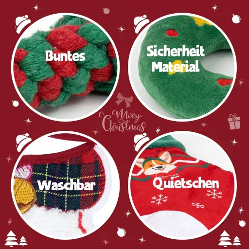 FuzzFables 9 részes karácsonyi kutyajáték készlet - Strapabíró rágókötél, interaktív sípolós játék kölyköknek, biztonságos rágójáték unalom