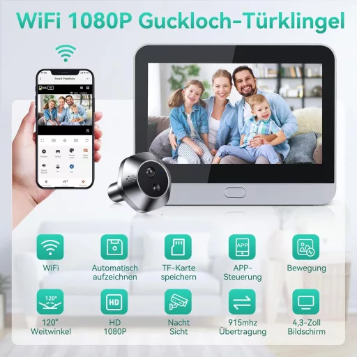 HAPYTHDA WiFi Ajtókamera 1080P HD Videóval, Kétirányú Hanggal, Éjjellátóval és Mozgásérzékelővel, 4,3" Monitorral, 120° Látószöggel, Mobilal