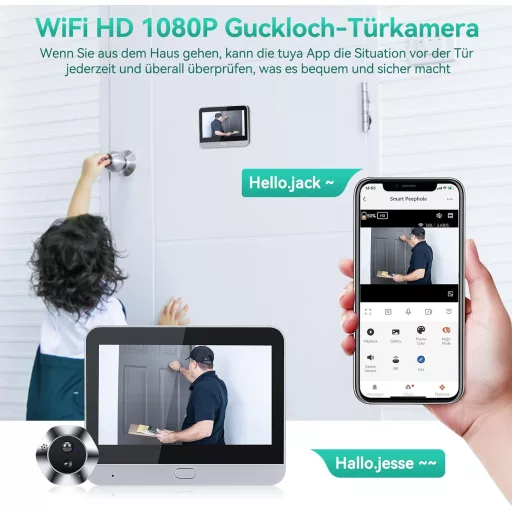 HAPYTHDA Sonerie WiFi cu cameră video 1080P HD, audio bidirecțional, vedere nocturnă și detectare a mișcării, monitor de 4,3", unghi de vizualizare de 120°, compatibilă cu mobilul.