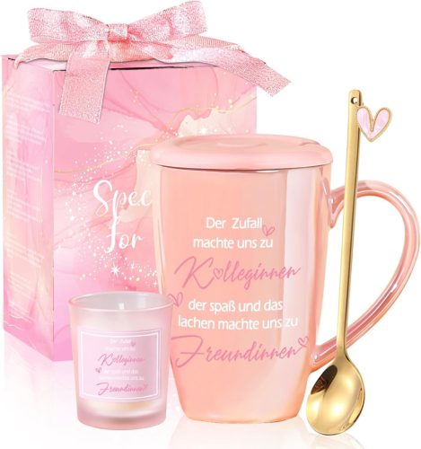 Binoster Búcsúajándék Bögre Kollégáknak - 460ml Rózsaszín Kerámia Kávéscsésze Szív Mintával és Kanállal - Új Munkahely, Nyugdíjazás, Köszöne
