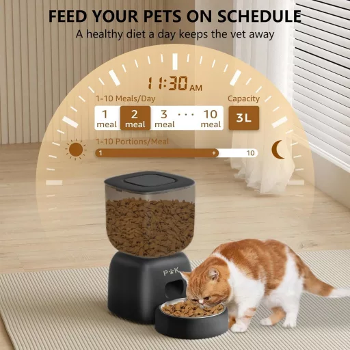 PUPPY KITTY Automata Macska Etető WiFi Applikációval, Rozsdamentes Acél Tállal, 10 Étkezés Naponta, Hangrögzítés, Dupla Tápellátás, 3L Kapac