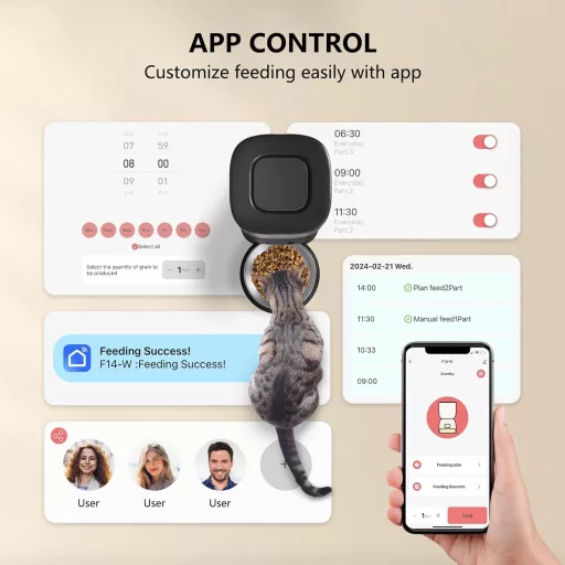 PUPPY KITTY Automata Macska Etető WiFi Applikációval, Rozsdamentes Acél Tállal, 10 Étkezés Naponta, Hangrögzítés, Dupla Tápellátás, 3L Kapac