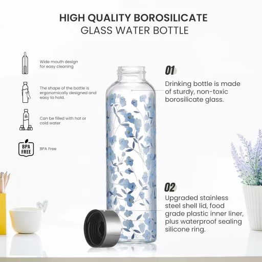 Autsel Bórszilikát Üveg Kulacs 1 Liter - Kék Neoprén Huzattal, Szivárgásmentes Sportpalack Túrázáshoz, Edzéshez