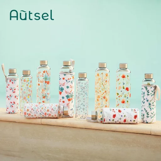Autsel Bórszilikát Üveg Kulacs 1 Liter - Kék Neoprén Huzattal, Szivárgásmentes Sportpalack Túrázáshoz, Edzéshez