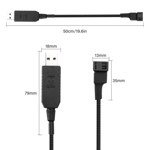 PNGKNYOCN USB-4Pin Ventilátor Adapter Kábel, Fonott PC Hűtőventilátor Tápkábel, 12V USB-PWM Átalakító, 0,5m, Laptop Kompatibilis