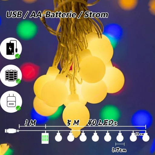 taiyongkang 6m 40 LED meleg fehér tündérfény, USB és elemmel működő, 8 üzemmód és időzítő, karácsony dekoráció