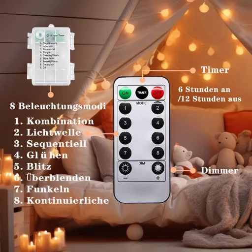 taiyongkang 6m 40 LED meleg fehér tündérfény, USB és elemmel működő, 8 üzemmód és időzítő, karácsony dekoráció