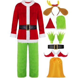   Velmawig Zelený Monster Mikuláš Kostým - Vianočný Kostým pre Dospelých s Maskou, Čiapkou a Vrecom - Grinch Cosplay Set pre Mužov
