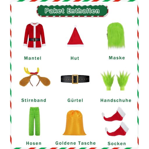 Velmawig Zelený Monster Mikuláš Kostým - Vianočný Kostým pre Dospelých s Maskou, Čiapkou a Vrecom - Grinch Cosplay Set pre Mužov