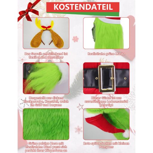 Velmawig Kostým zeleného príšeráka Mikuláša s maskou a čiapkou, pánsky vianočný cosplay outfit