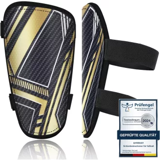   Detské futbalové chrániče holení Qyrrvxy - Nastaviteľná ochrana nôh na suchý zips, čierno-zlaté