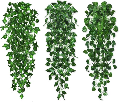 ROLLWAY Műnövény Függő Borostyán Szett - 3 db 96 cm Hosszú Élethű Műborostyán Dekoráció Beltéri és Kültéri Használatra, Falra, Erkélyre, Ker