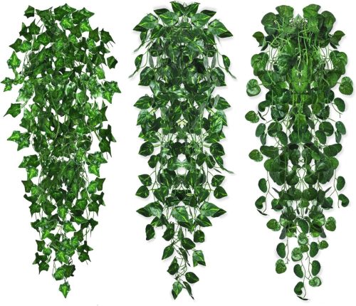 ROLLWAY Műnövény Függő Borostyán Szett - 3 db 96 cm Hosszú Élethű Műborostyán Dekoráció Beltéri és Kültéri Használatra, Falra, Erkélyre, Ker
