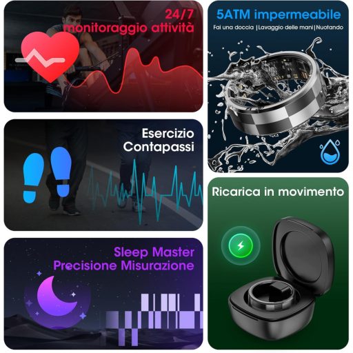 Inel inteligent - Tracker de activitate 5ATM rezistent la apă, Argintiu, Monitorizare somn, Numărare pași, Compatibil Bluetooth, Telecomandă, Cameră