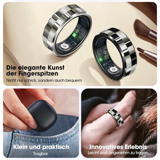 Inel inteligent - Tracker de activitate 5ATM rezistent la apă, Argintiu, Monitorizare somn, Numărare pași, Compatibil Bluetooth, Telecomandă, Cameră