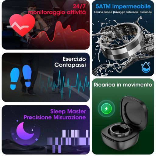 Inel inteligent - Tracker de activitate 5ATM rezistent la apă, Argintiu, Monitorizare somn, Numărare pași, Compatibil Bluetooth, Telecomandă, Cameră