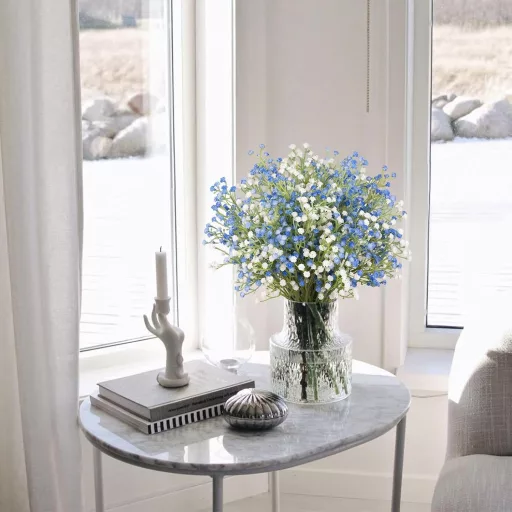 N&T NIETING Művirág Szett - 15 db Élethű Gypsophila Virágcsokor Esküvői Dekorációhoz, Kék és Fehér Színben, 29 cm