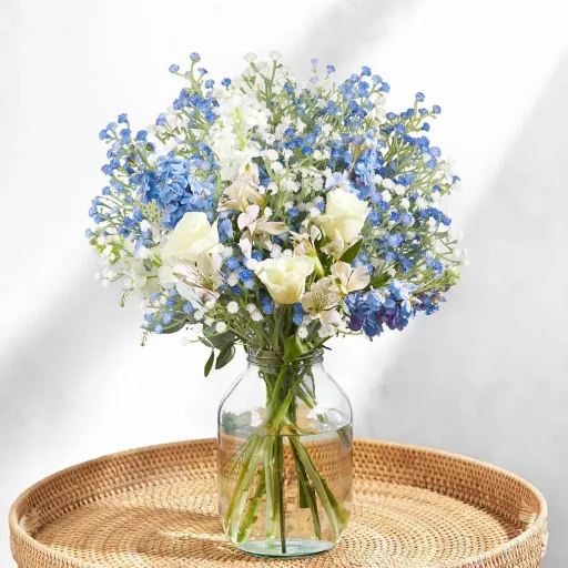 N&T NIETING Művirág Szett - 15 db Élethű Gypsophila Virágcsokor Esküvői Dekorációhoz, Kék és Fehér Színben, 29 cm