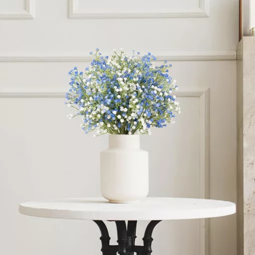 N&T NIETING Művirág Szett - 15 db Élethű Gypsophila Virágcsokor Esküvői Dekorációhoz, Kék és Fehér Színben, 29 cm