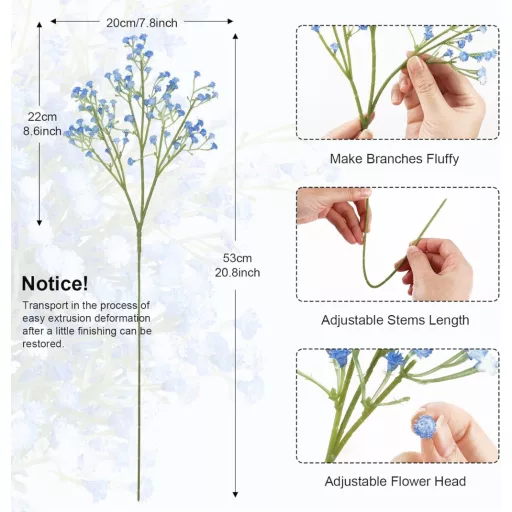 N&T NIETING Művirág Szett - 15 db Élethű Gypsophila Virágcsokor Esküvői Dekorációhoz, Kék és Fehér Színben, 29 cm