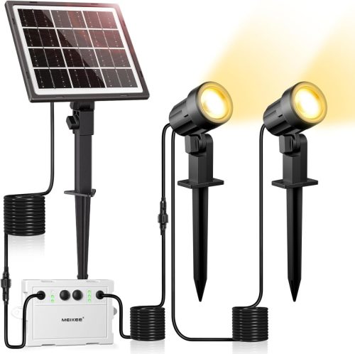 MEIKEE Lampă Solară de Grădină cu Spot, 2 buc, 2700K Alb Cald, IP66 Impermeabilă, 3 Niveluri de Luminozitate, 2 Moduri de Iluminare, 3000mAh, Lampă de Exterior cu Cap Rotativ