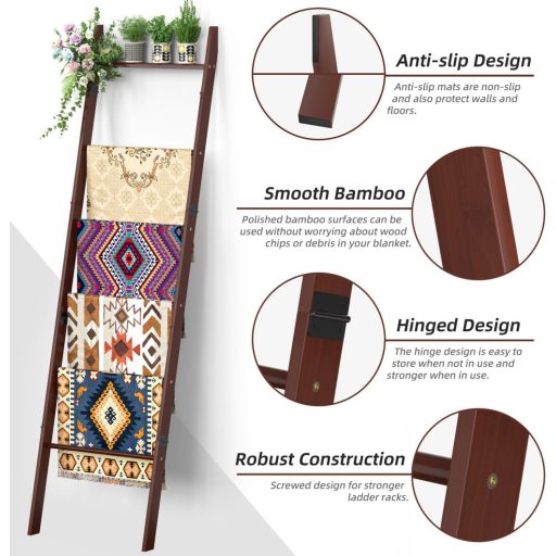 BAMBANG 6 szintes törölközőlétra, dekoratív takarólétra, falhoz támasztható polc, barna