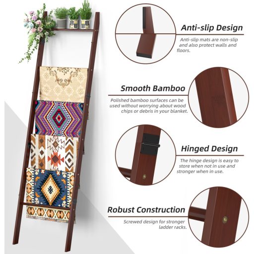 BAMBANG 6 szintes törölközőlétra, dekoratív takarólétra, falhoz támasztható polc, barna