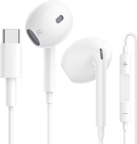 USB-C vezetékes fülhallgató mikrofonnal – iPhone 15, Samsung S24/S23, iPad és más készülékekhez, HiFi sztereó hangzás, fehér