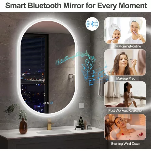 S'bagno Ovális Fürdőszobai Tükör LED Világítással 100x60 cm - Bluetooth, Páramentesítő, 3 Színhőmérséklet, IP44 Vízálló, Memória Funkcióval