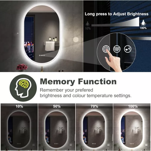 S'bagno Ovális Fürdőszobai Tükör LED Világítással 100x60 cm - Bluetooth, Páramentesítő, 3 Színhőmérséklet, IP44 Vízálló, Memória Funkcióval