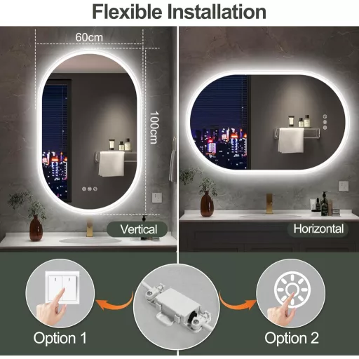 S'bagno Ovális Fürdőszobai Tükör LED Világítással 100x60 cm - Bluetooth, Páramentesítő, 3 Színhőmérséklet, IP44 Vízálló, Memória Funkcióval