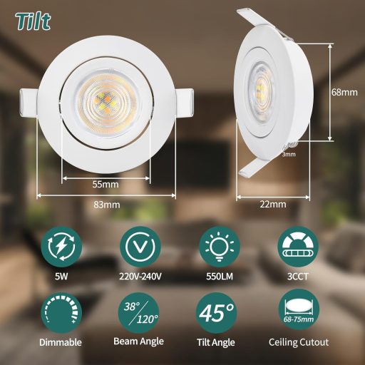 Spot LED încastrat KYOTECH, reglabil, 5W 550lm, baie, IP44