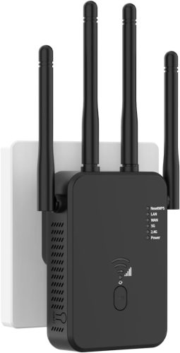Aenxwa WiFi Jelerősítő 1200 Mbit/s Dual Band 2.4GHz+5GHz - 4 Antennás Vezeték Nélküli Hálózati Repeater Router Üzemmóddal és LAN/WAN Porttal