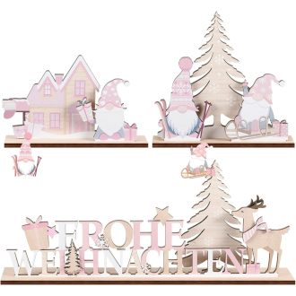   Jetec 3 ks drevená vianočná dekorácia ružový škriatok na stôl