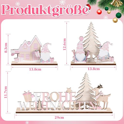 Jetec 3 ks drevená vianočná dekorácia ružový škriatok na stôl