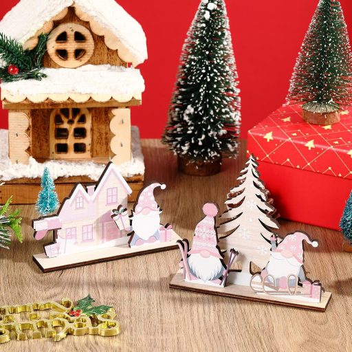 Jetec 3 ks drevená vianočná dekorácia ružový škriatok na stôl