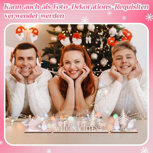 Jetec 3 ks drevená vianočná dekorácia ružový škriatok na stôl