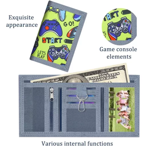 GROVBLE Portofel pentru copii, galben-verde, cu model gamer, portofel pentru băieți