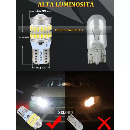 Bec LED XELORD W5W T10 6000K alb, iluminare interioară auto, 2 buc
