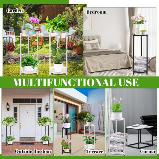 VeyFolzin.st 2 Szintes Fém Növényállvány - Beltéri és Kültéri Virágtartó Polc Sarokba, Nappaliba, Erkélyre, Teraszra, Fehér