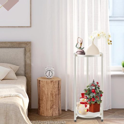 VeyFolzin.st 2 Szintes Fém Növényállvány - Beltéri és Kültéri Virágtartó Polc Sarokba, Nappaliba, Erkélyre, Teraszra, Fehér