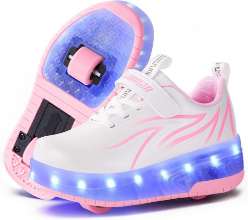 Flintronic Patine cu rotile LED pentru copii - Pantofi transformabili 2 în 1, 7 culori de iluminare, mărime ajustabilă, reîncărcabile USB, pentru fete, începători