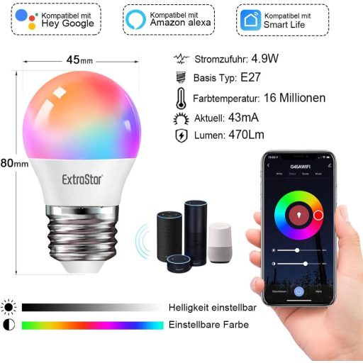 EXTRASTAR Bec LED Inteligent E27 WiFi Dimmabil 16 Milioane Culori RGB 4.9W Compatibil Alexa Google Home 2 Bucăți