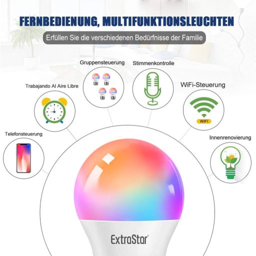 EXTRASTAR Okos LED Izzó E27 WiFi Szabályozható 16 Millió Szín RGB 4.9W Alexa Google Home Kompatibilis 2 Darab