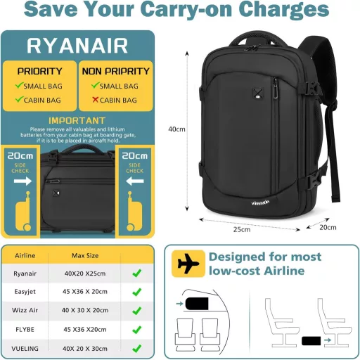 Vinstatin 40x20x25cm Ryanair Fedélzeti Hátizsák 20L Vízálló Laptop Backpack