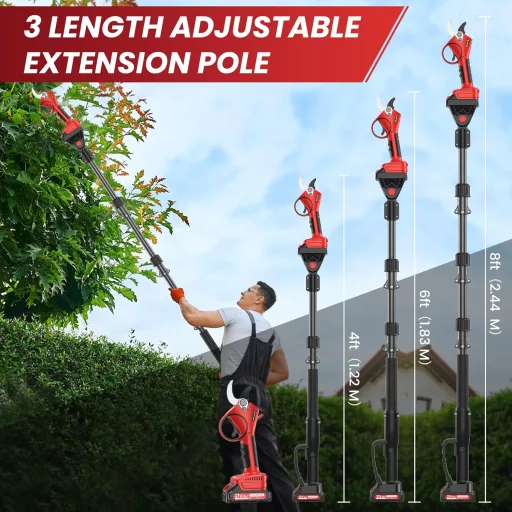 Akkumulátoros Teleszkópos Metszőolló 40mm - 2in1 Kerti Ágvágó 21V, 800W Kefe Nélküli Motorral, 2,5m Hatótáv, 2 Akkumulátorral