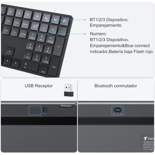 TECURS Wireless Bluetooth Billentyűzet USB 2.4G Mac Windows QWERTY Ergonomikus